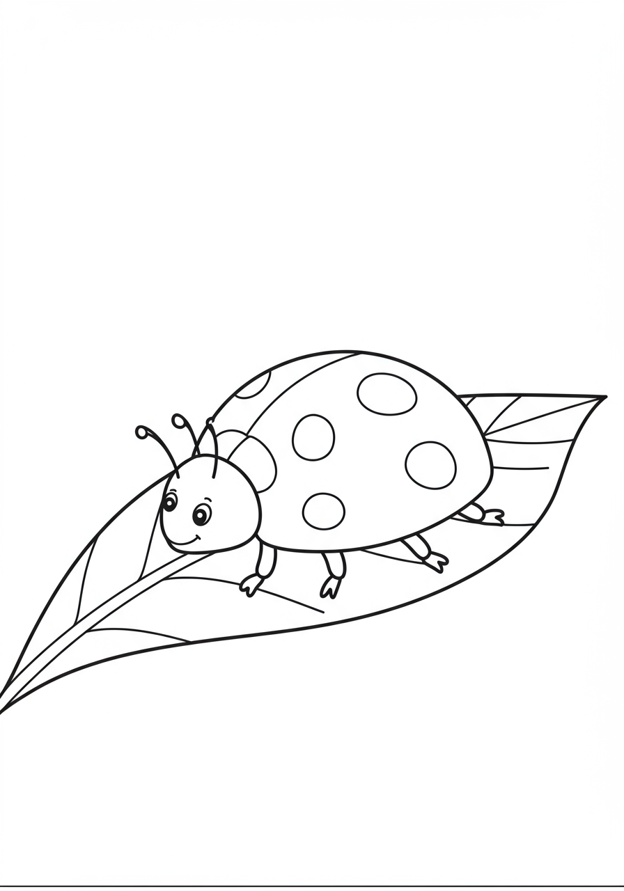 Free printable Ladybug on Leaf coloring page for kids, showing a friendly ladybug with spots resting on a green leaf, ready for coloring fun.