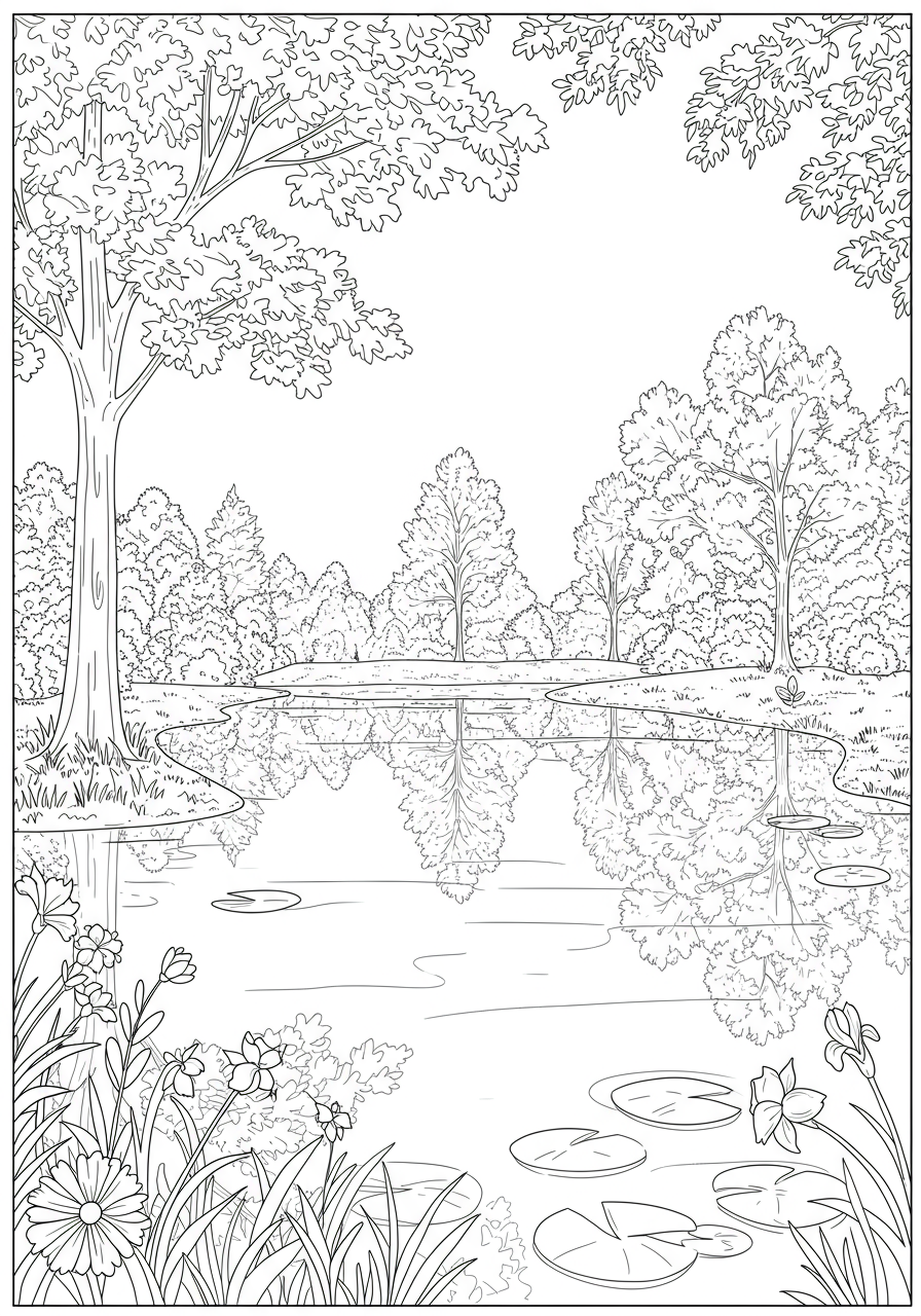 Free printable coloring page featuring a serene landscape with trees reflected in a calm lake, perfect for kids to color.
