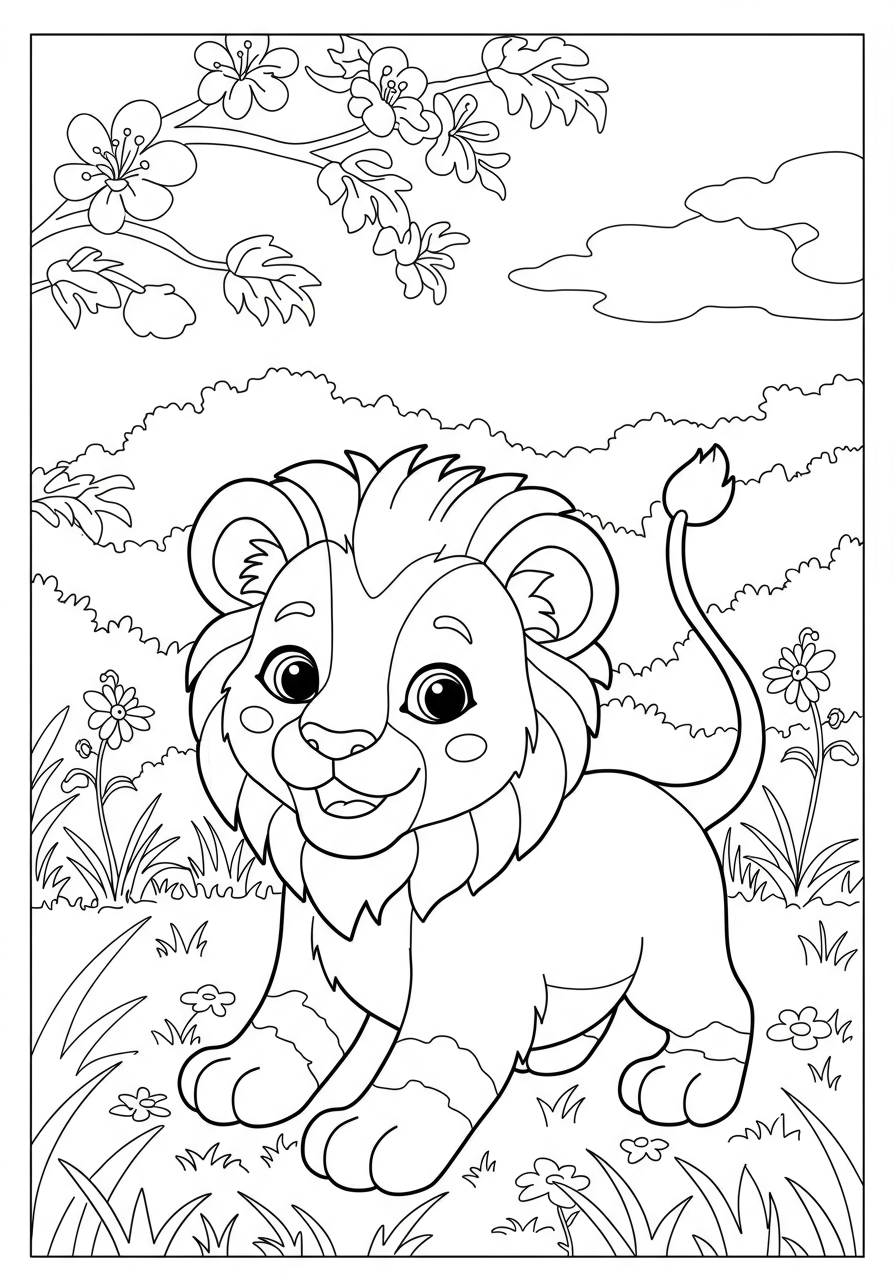 Free printable coloring page featuring an easy-to-color lion cub playing happily in the grass, perfect for young children.