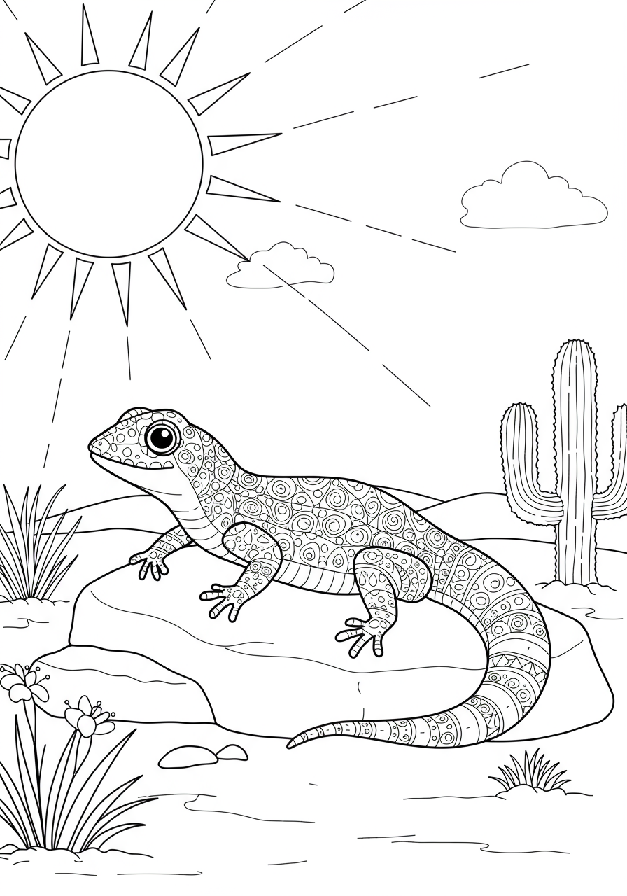 An illustration of a friendly lizard basking on a desert rock under the sun, ready for coloring. Free printable nature coloring page for kids.