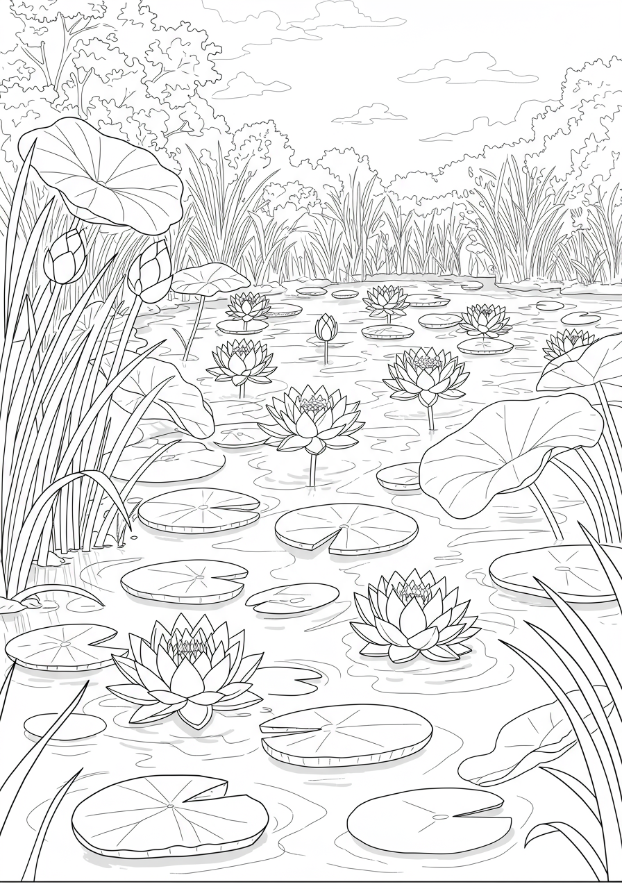 Free printable coloring page featuring a serene lotus flower pond with lily pads and beautiful blooming lotus flowers, perfect for kids.
