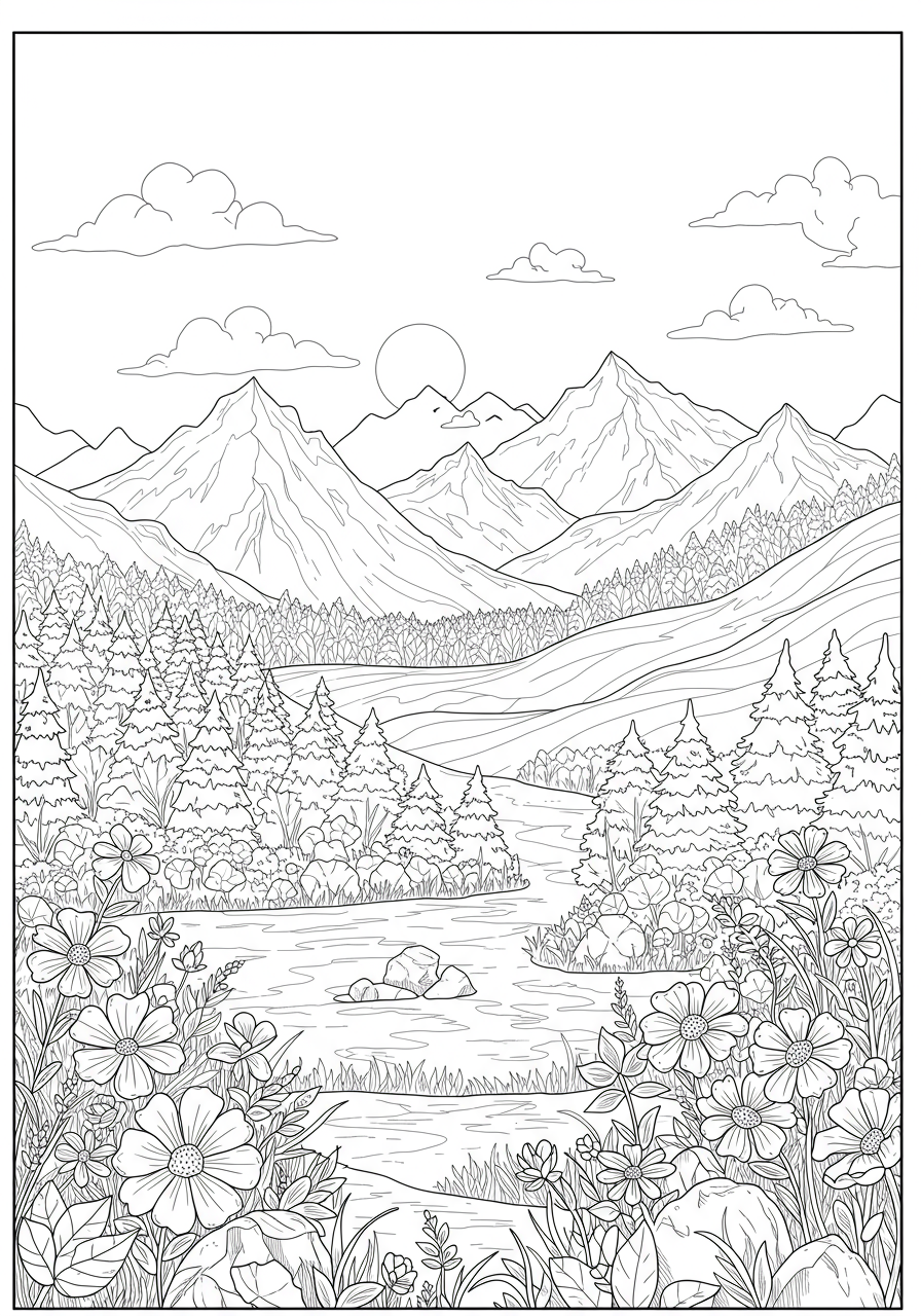 Free printable coloring page featuring a majestic mountain valley scene with tall peaks, a flowing river, and lush trees, perfect for kids.