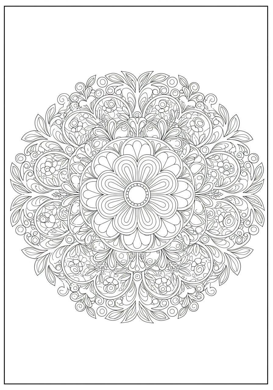 Free printable Mandala Nature Elements coloring page for kids, featuring easy-to-color nature designs like flowers, leaves, and sun in a beautiful circular pattern.