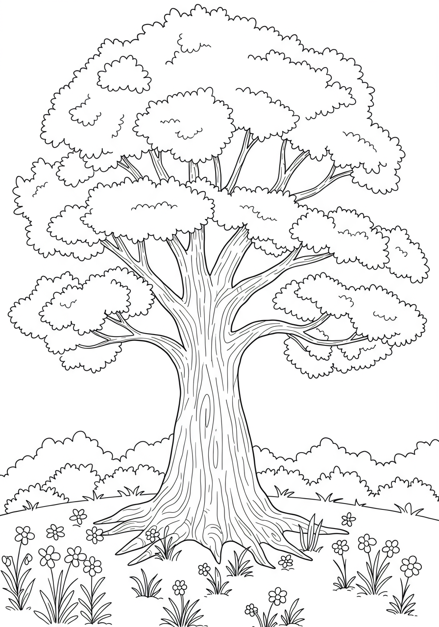 A free printable coloring page featuring a mighty oak tree with a thick, textured trunk and full, leafy branches, perfect for children to color.