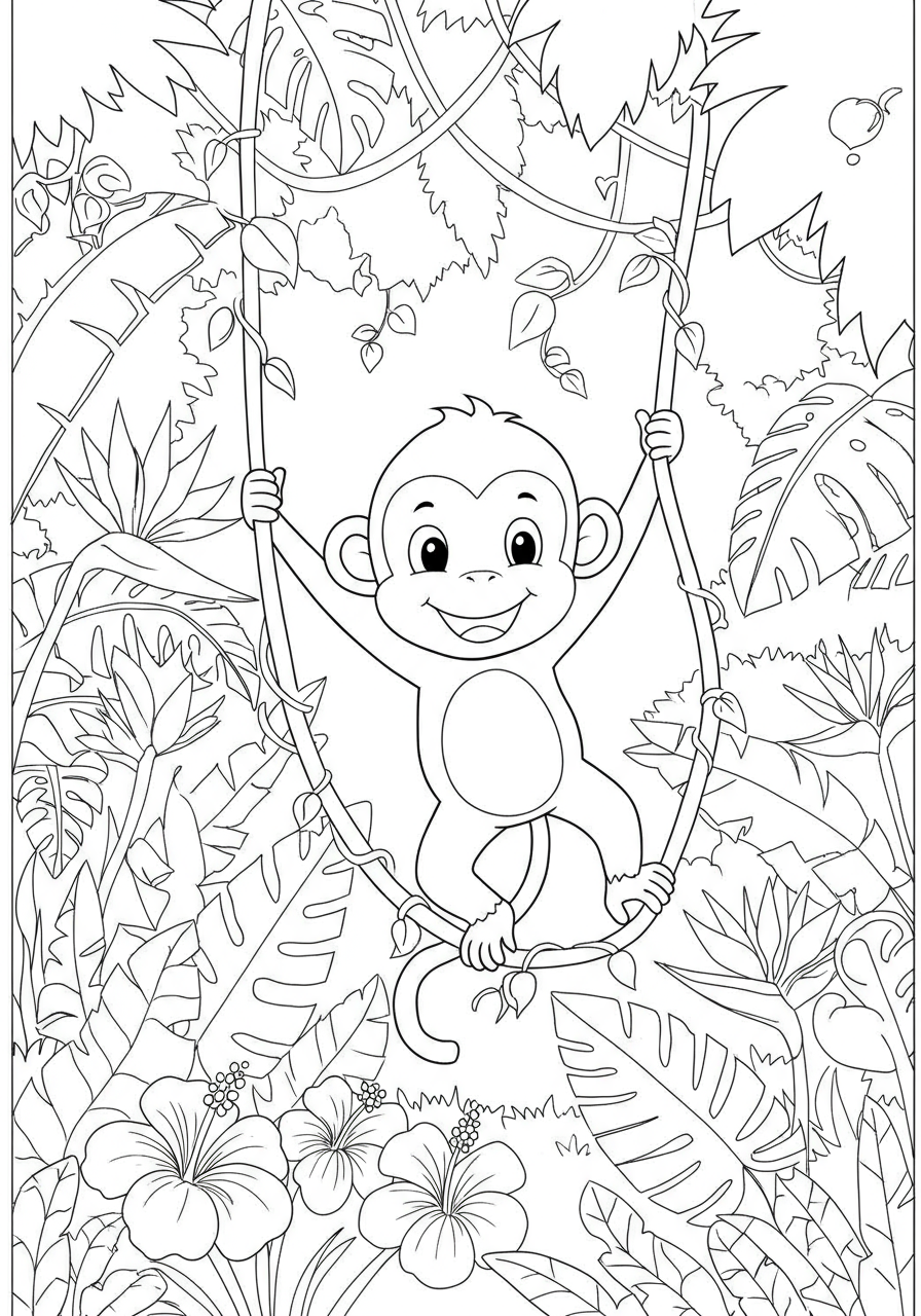 Free printable coloring page depicting a happy monkey swinging on vines in a lush jungle with large leaves and exotic flowers.