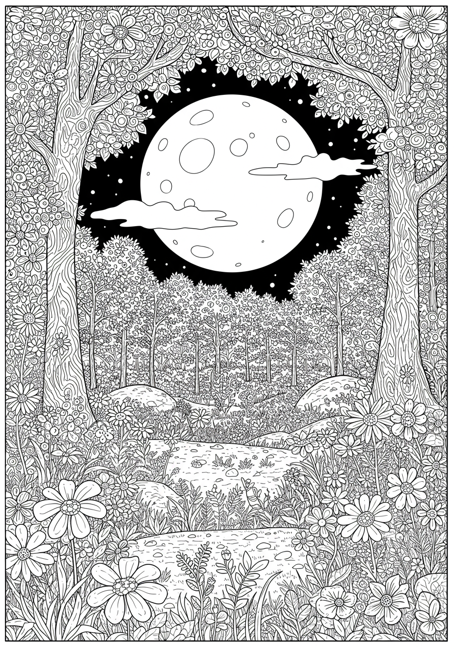 Free printable coloring page depicting a serene moon over a dense forest at night, suitable for kids to color.