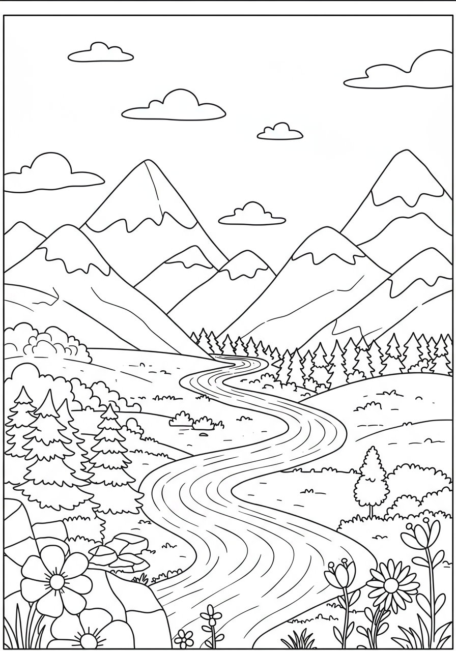 A free printable coloring page featuring a simple mountain range with a winding river flowing through a valley, suitable for young children.