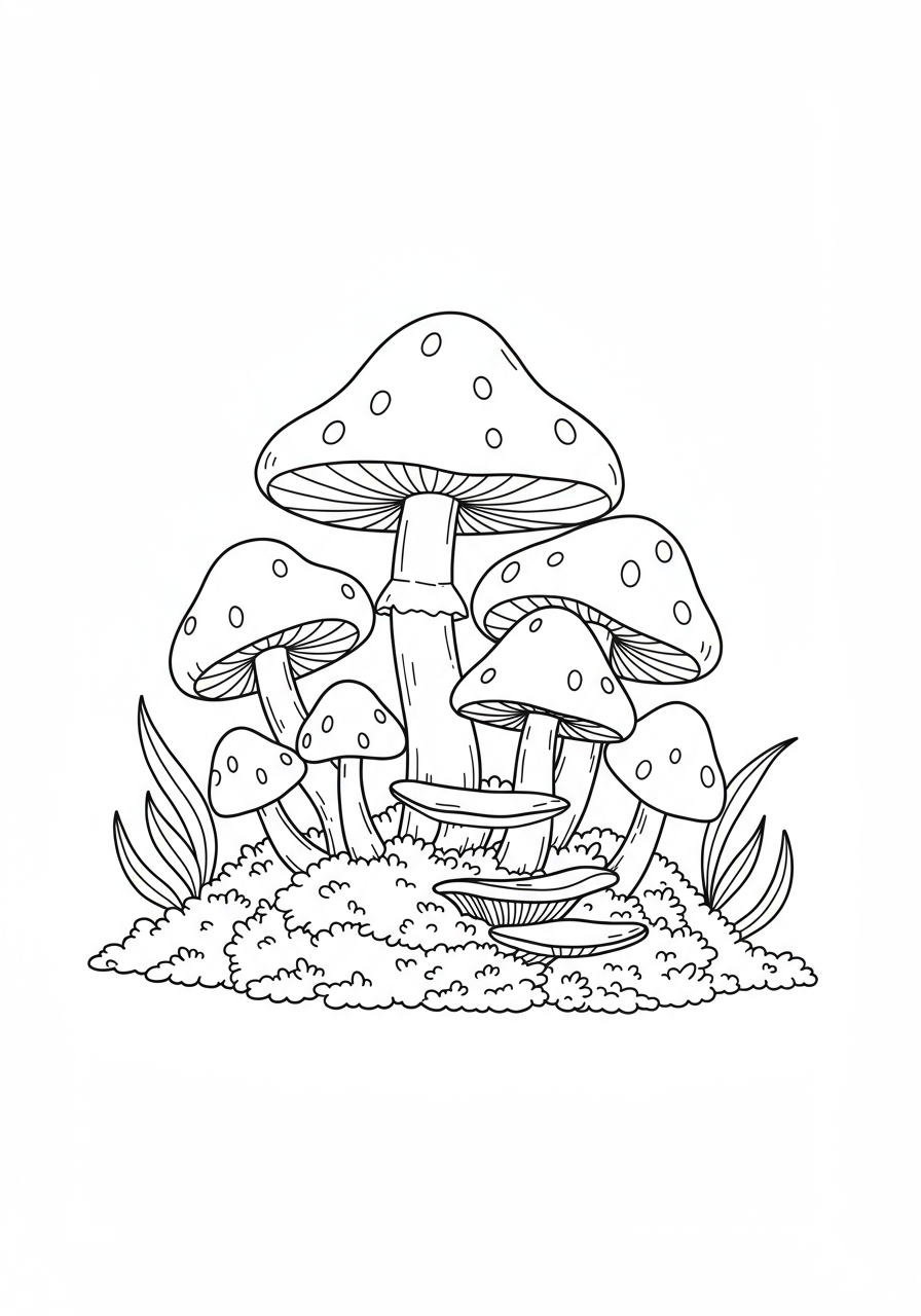 Free printable coloring page featuring a whimsical mushroom cluster nestled in soft green moss, perfect for kids.