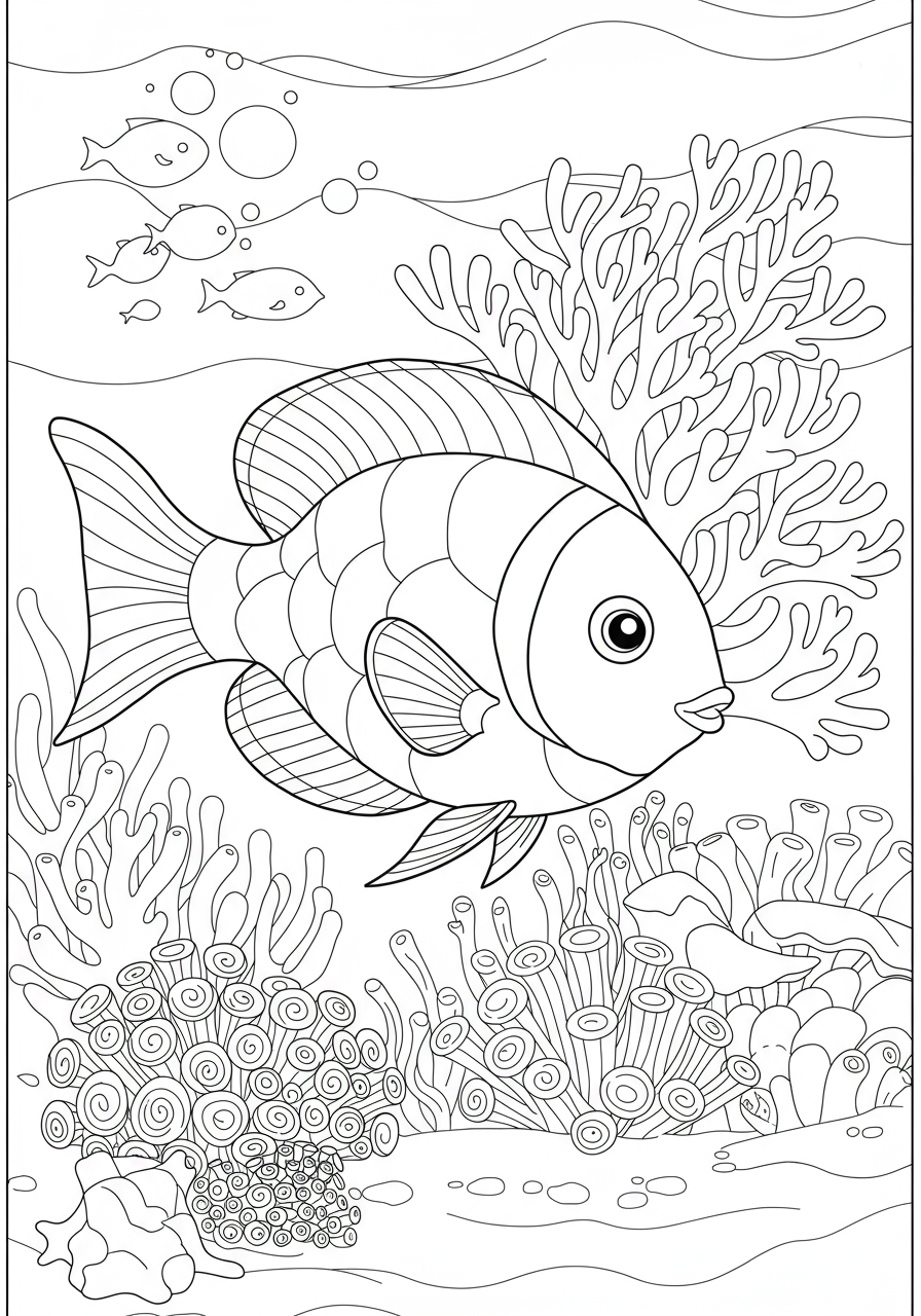 Free printable coloring page featuring friendly ocean coral reef fish swimming near colorful coral, designed for kids with easy-to-color shapes.