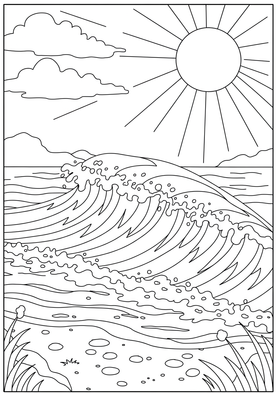 Free printable Ocean Waves Beach coloring page for kids, featuring simple ocean waves crashing on a sandy beach under a sunny sky, easy for young artists to color.