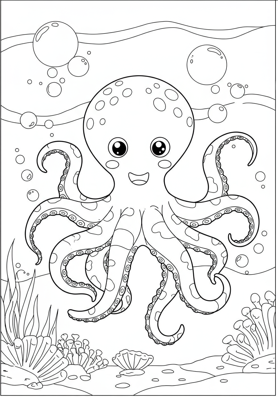 Free printable easy Octopus with Bubbles coloring page for kids, showing a happy octopus surrounded by various sized bubbles in the ocean.