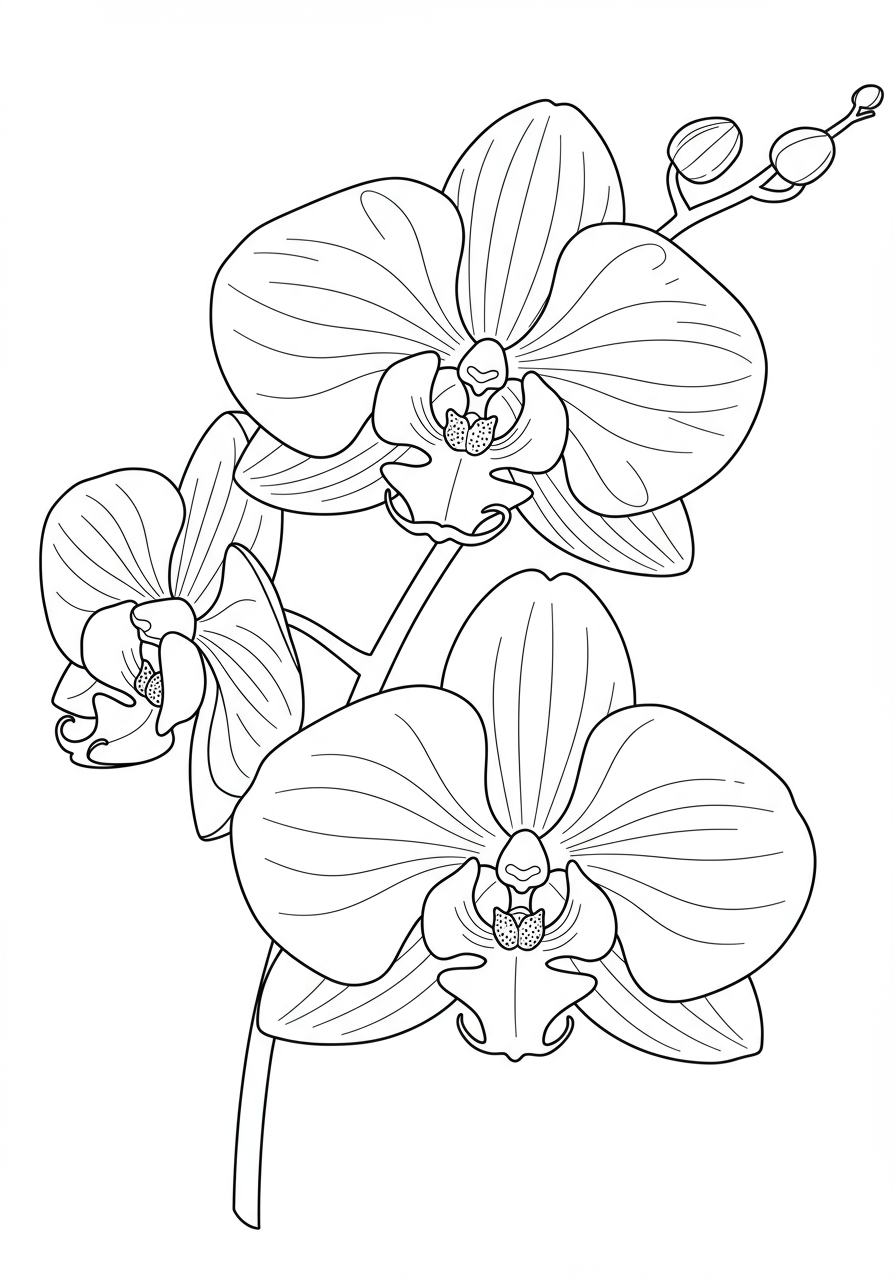 Free printable coloring page featuring a beautifully blooming orchid with large, easy-to-color petals and a stem, ideal for young children to color.