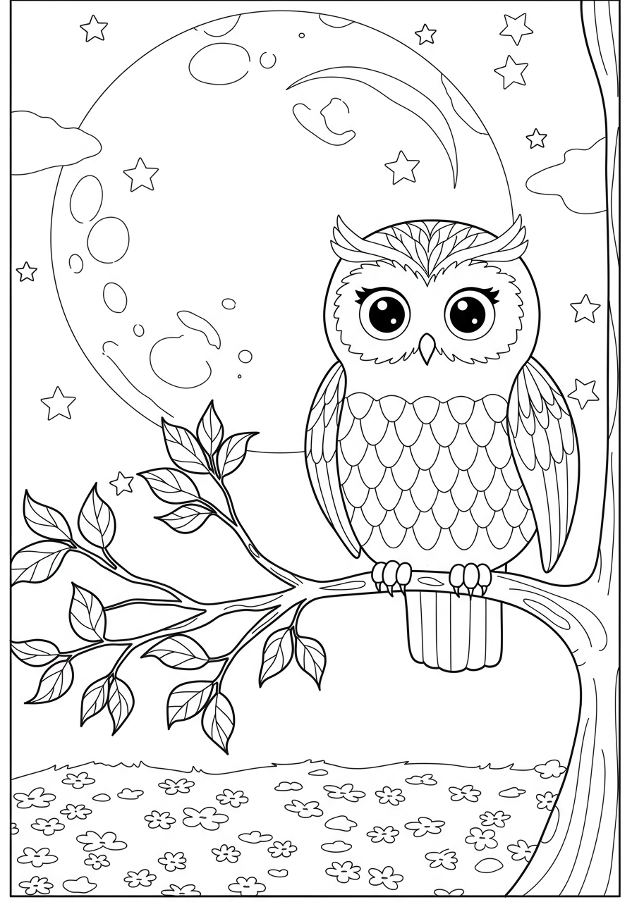 Free printable coloring page featuring a friendly cartoon owl perched on a tree branch with a large, glowing full moon and stars in the night sky, designed for children.