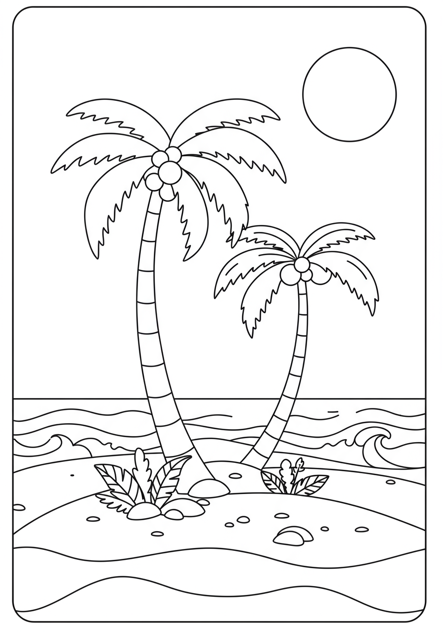 Free printable Palm Trees Beach coloring page showing two simple palm trees, a sunny beach, and calm ocean waves, perfect for young kids to color.