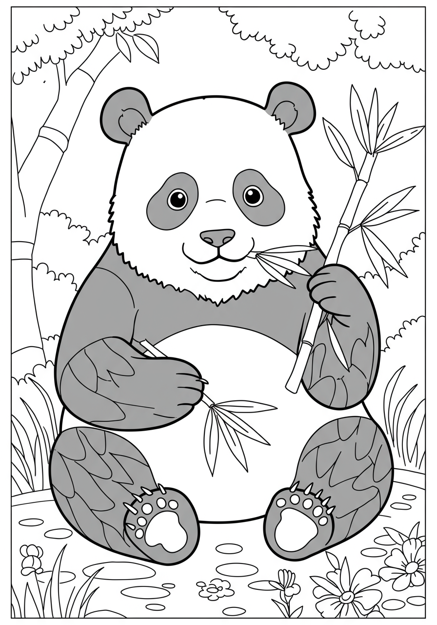 Free printable coloring page featuring an adorable panda eating bamboo, perfect for kids.