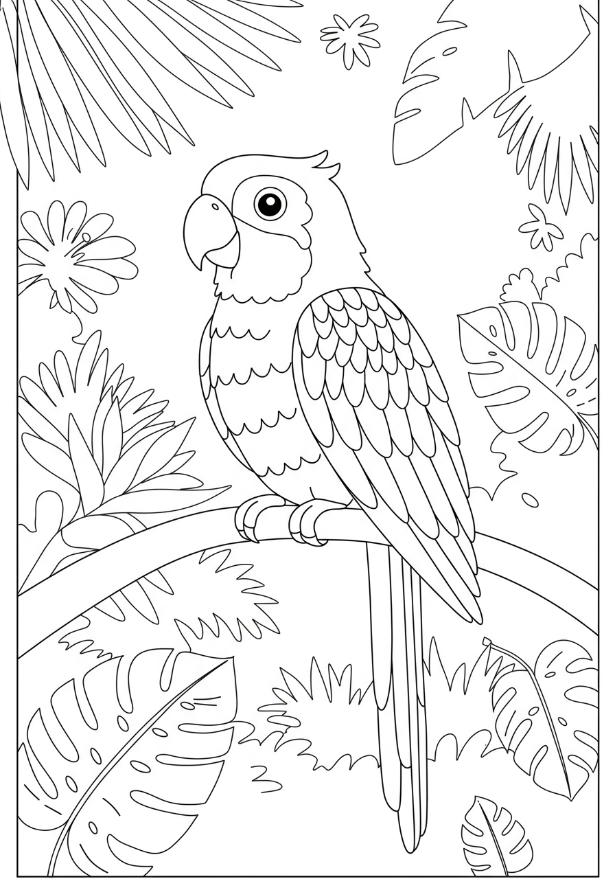 Free printable coloring page featuring a friendly parrot perched on a tropical branch amidst lush leaves, designed for easy coloring.