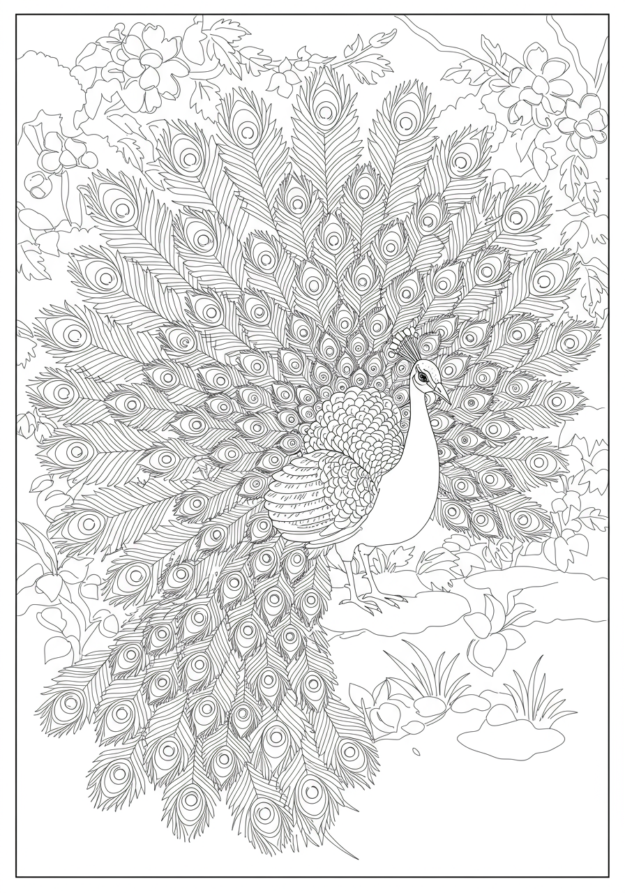 A free printable coloring page featuring a peacock with its magnificent tail feathers spread wide, perfect for kids.