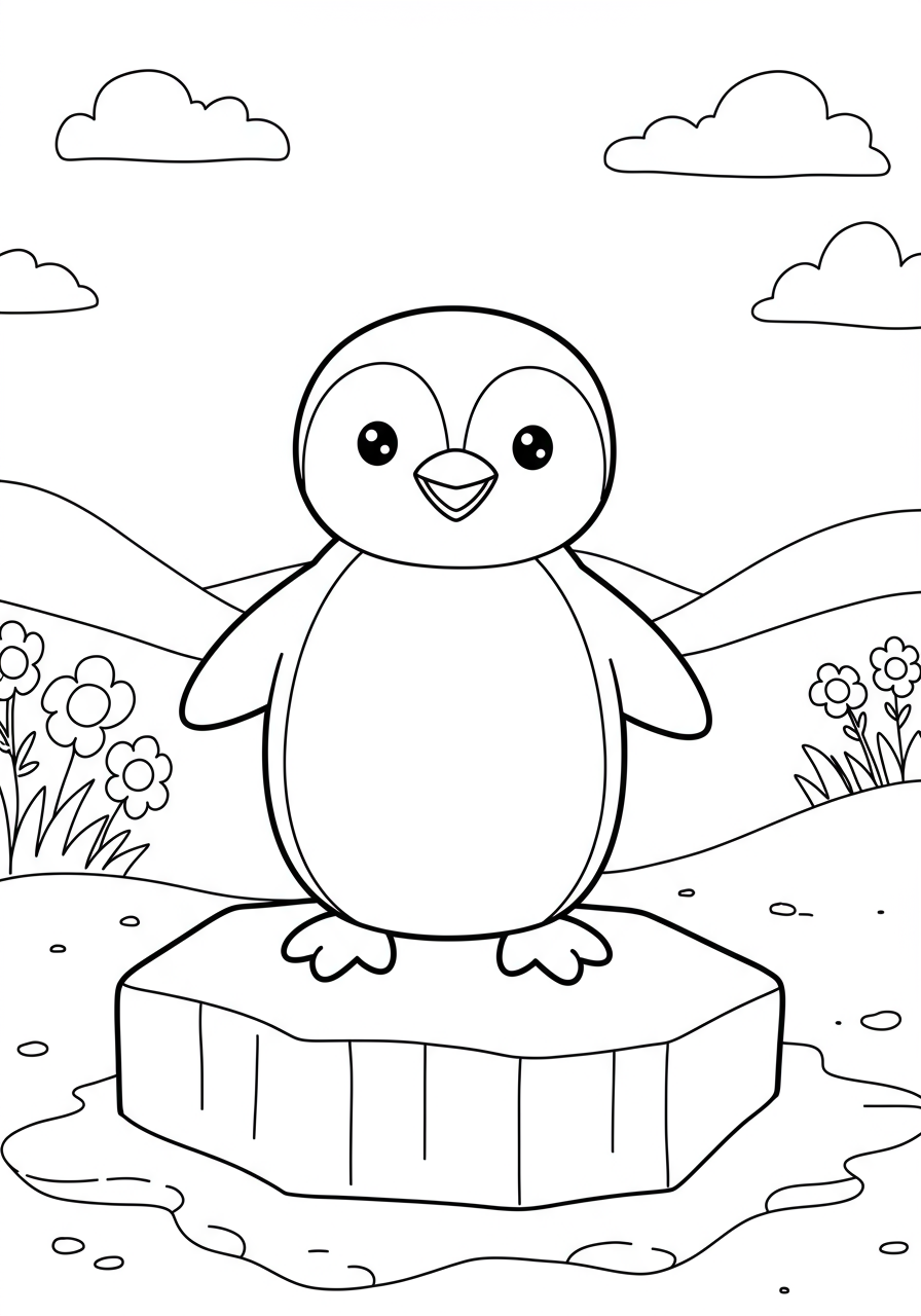 Free printable coloring page featuring a cute cartoon penguin standing happily on a block of ice with bold outlines, perfect for young children.