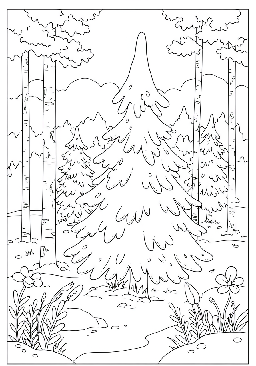 A free printable coloring page showing a simple, easy-to-color scene of a pine forest covered in snow, perfect for young children.