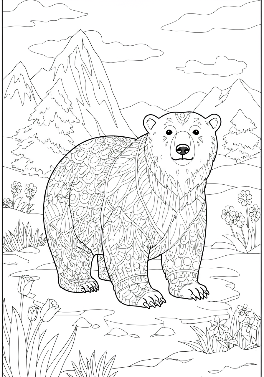 Free printable coloring page featuring a friendly polar bear in its Arctic habitat, perfect for kids to color.