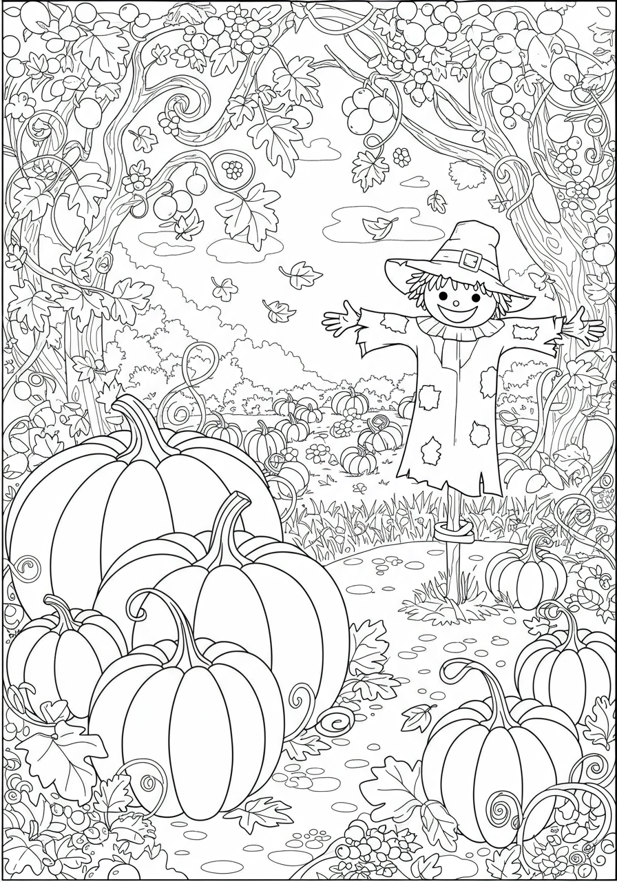 A free printable coloring page depicting a cheerful autumn pumpkin patch scene with large pumpkins, twisting vines, falling leaves, and a friendly scarecrow, perfect for kids.
