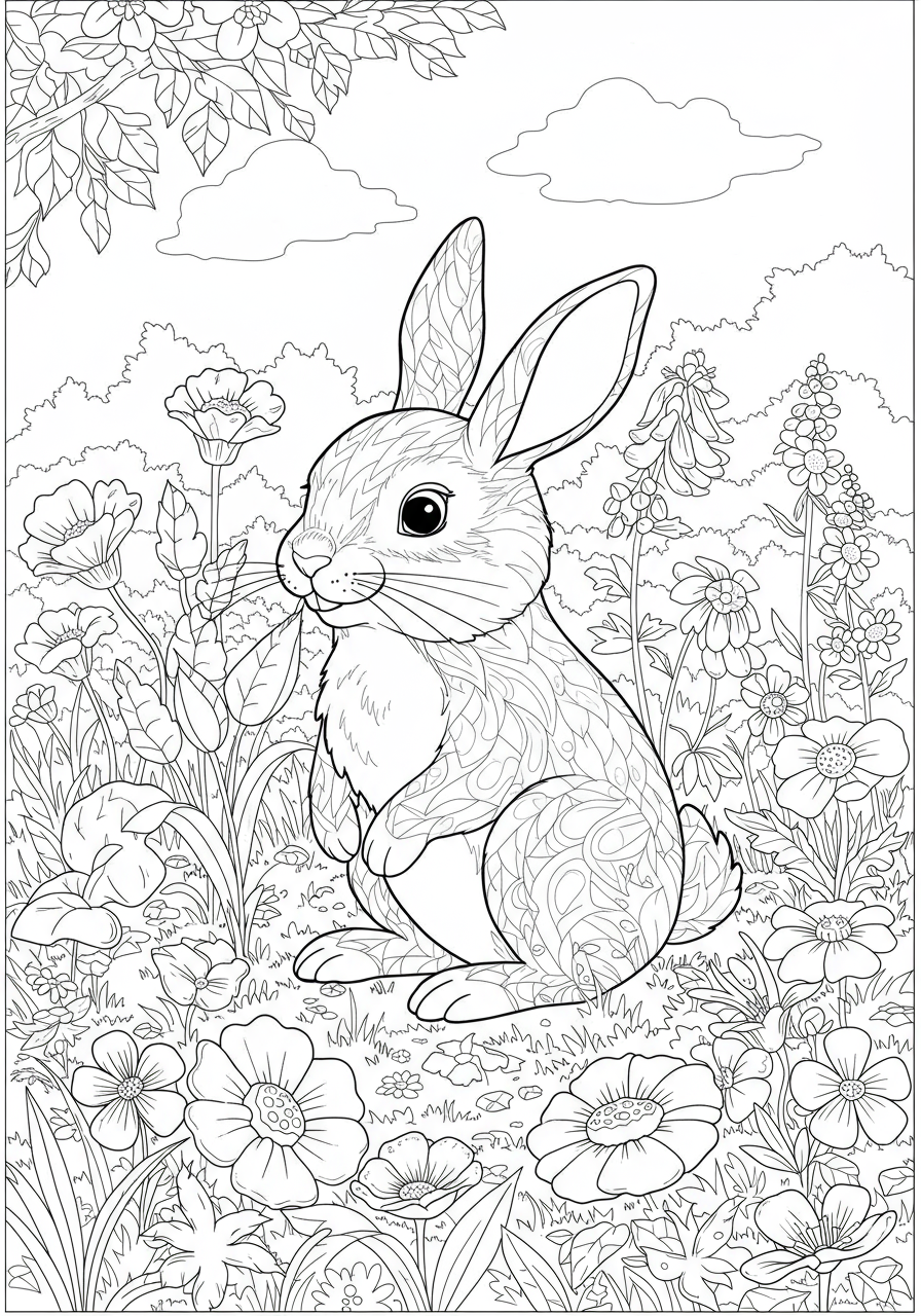 A delightful free printable coloring page featuring a cute rabbit happily nibbling in a vibrant garden, perfect for kids to color and enjoy.