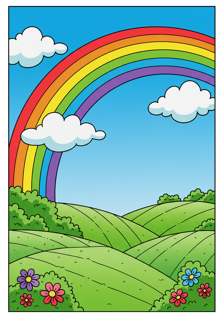 Free printable coloring page featuring a vibrant rainbow arching over rolling green hills with fluffy white clouds in a bright blue sky, designed for easy coloring by kids.