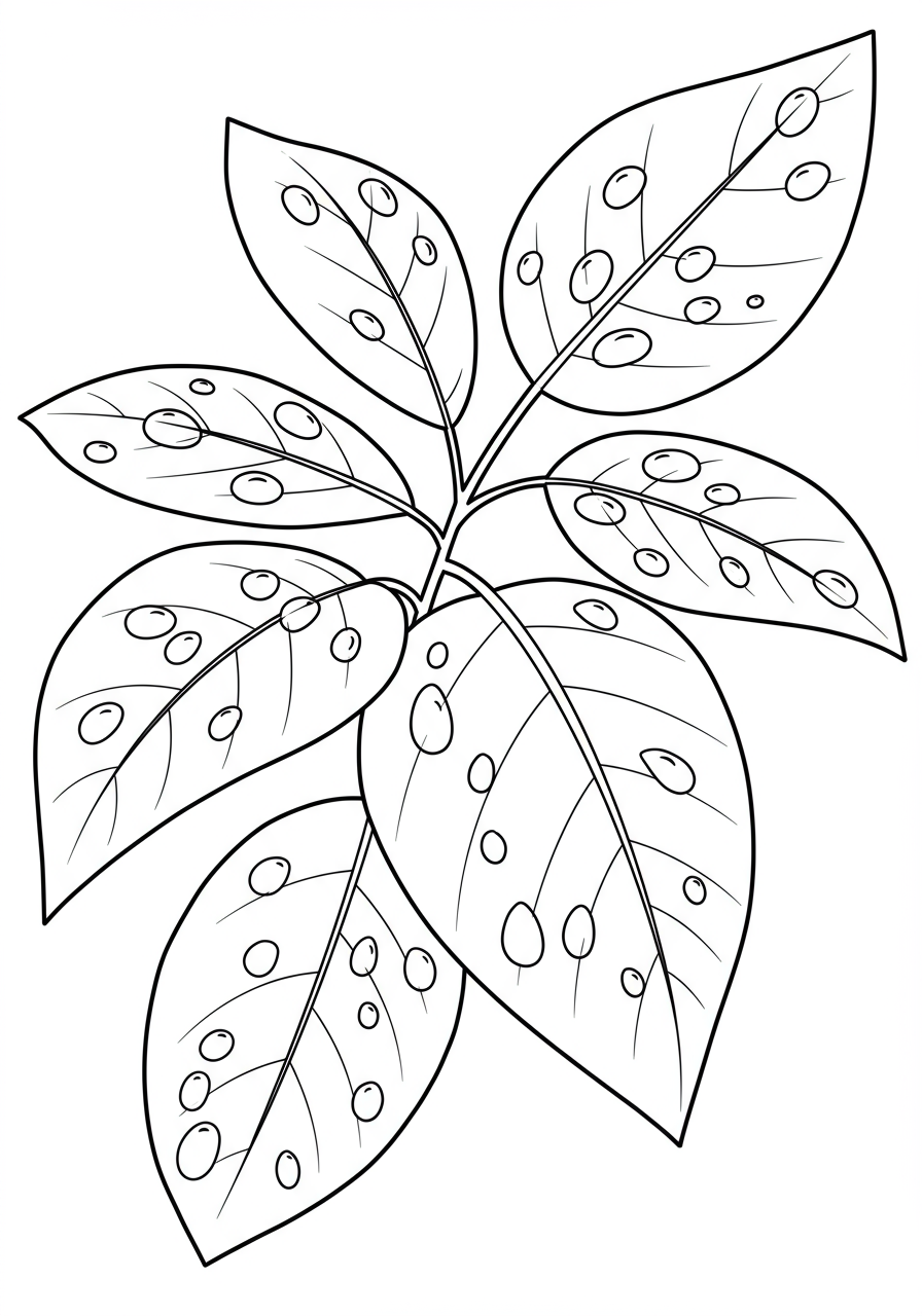 Close-up of a free printable coloring page showing several large leaves with detailed raindrops clinging to their surfaces, ready for children to color.