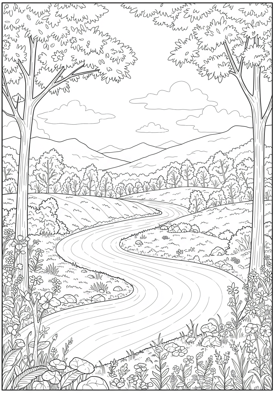 Free printable coloring page featuring a scenic river winding through a valley with rolling hills and trees, designed for kids.