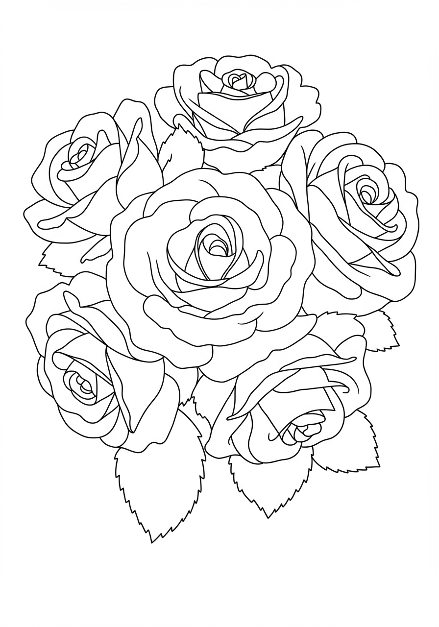 A free printable coloring page depicting a close-up of rose bouquet petals with simple, easy-to-color outlines, perfect for young children to enjoy and practice their coloring skills.
