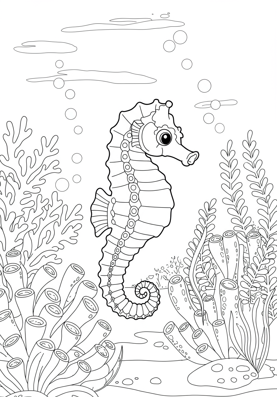 Free printable coloring page featuring a cute seahorse gracefully swimming among vibrant coral formations in the ocean, perfect for kids.