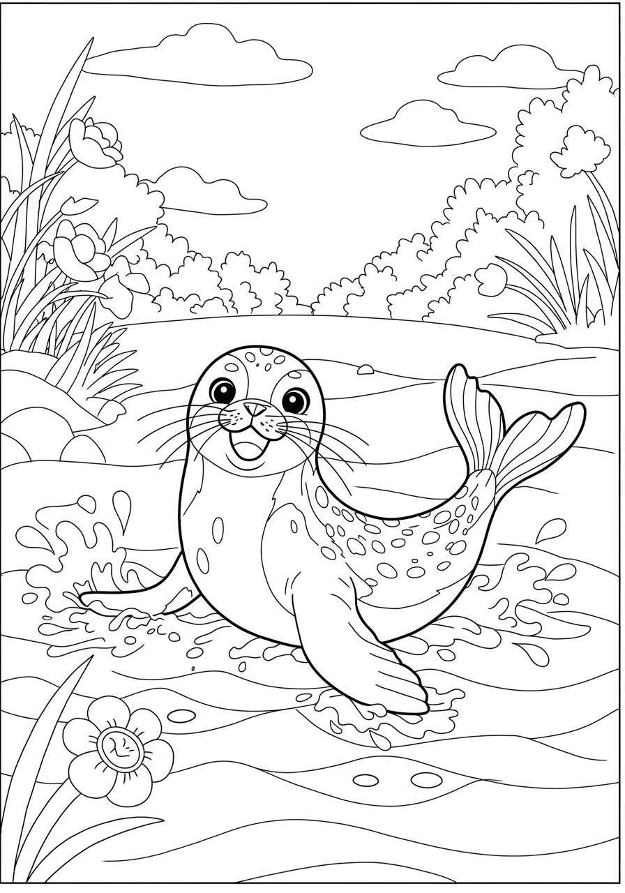 Free printable coloring page featuring a cute seal playing happily in the water, splashing and smiling, designed for easy coloring by children.