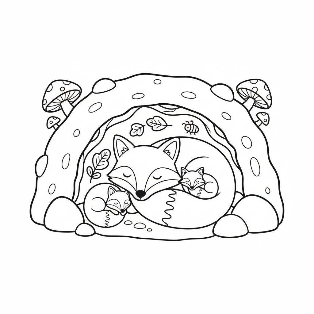 A free printable coloring page depicting a sleeping fox family snuggled together in their cozy underground den, surrounded by roots and soft earth, perfect for young children to color.