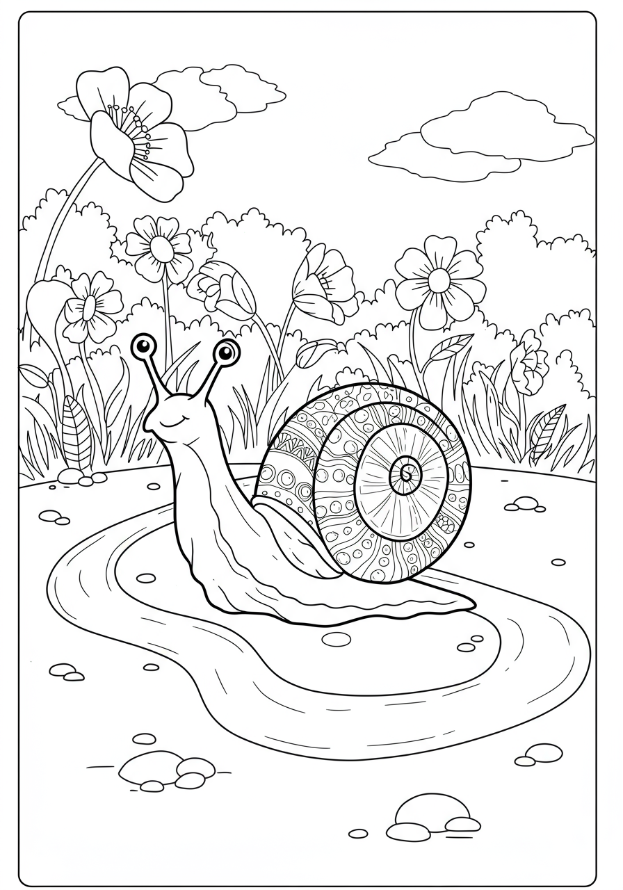 A free printable coloring page showing a friendly snail leaving a clear, wavy trail behind it on the ground, designed for kids.