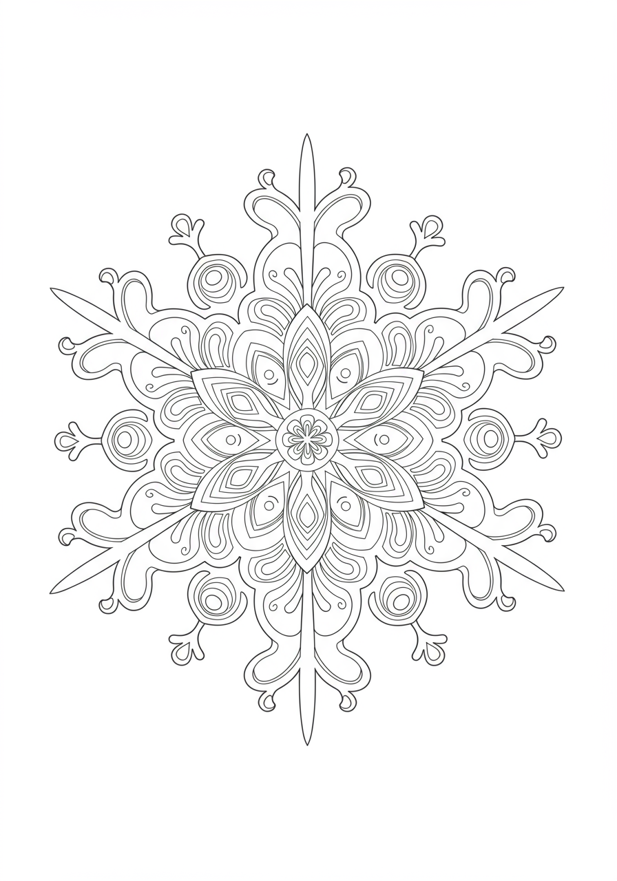 Free printable coloring page featuring an easy-to-color snowflake with intricate symmetrical patterns, perfect for kids.