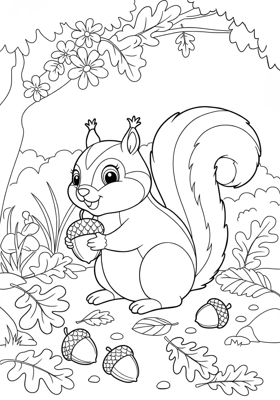 A free printable coloring page featuring a cute squirrel diligently collecting and holding an acorn, surrounded by fallen leaves and more acorns, perfect for young children.
