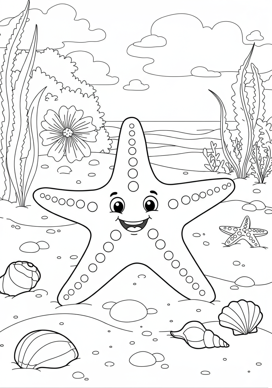 Free printable coloring page featuring a happy starfish resting on sandy beach ground with shells, perfect for kids to color and learn about ocean life.