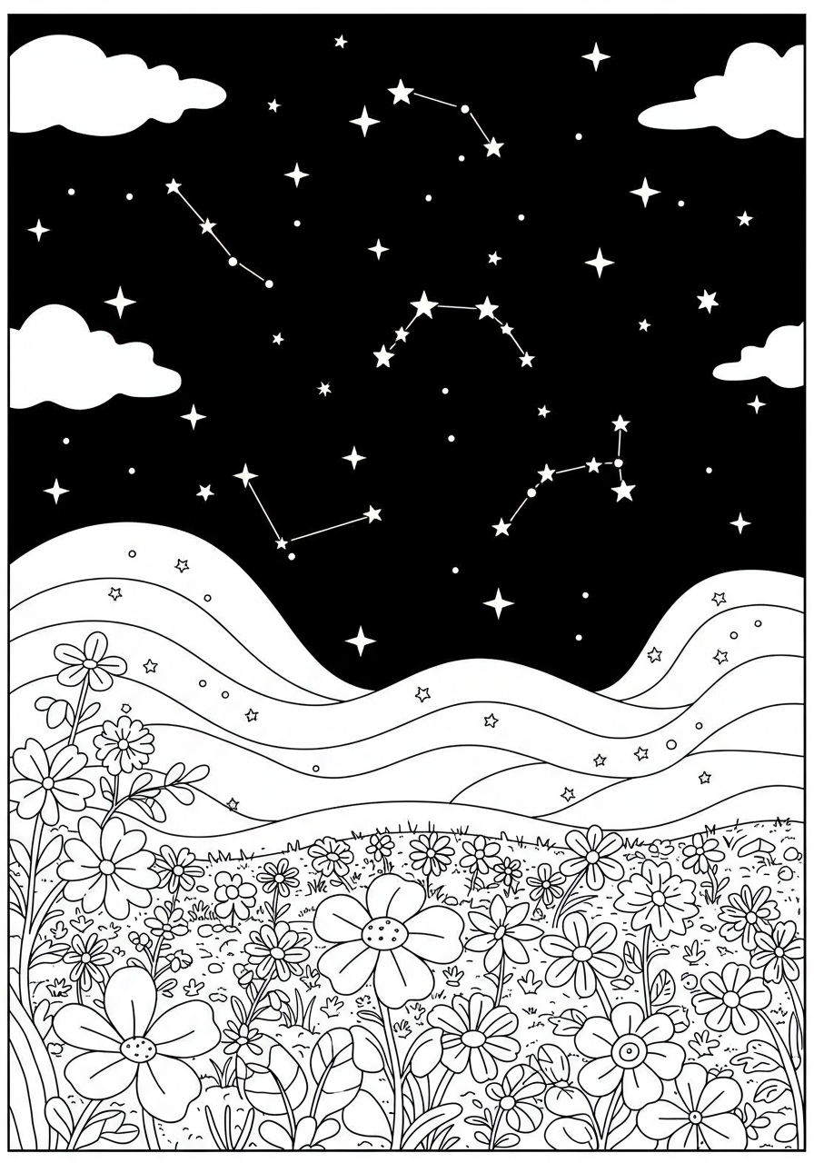 A free printable coloring page showing a dark night sky filled with many stars and several simple constellations like the Big Dipper, designed for kids.
