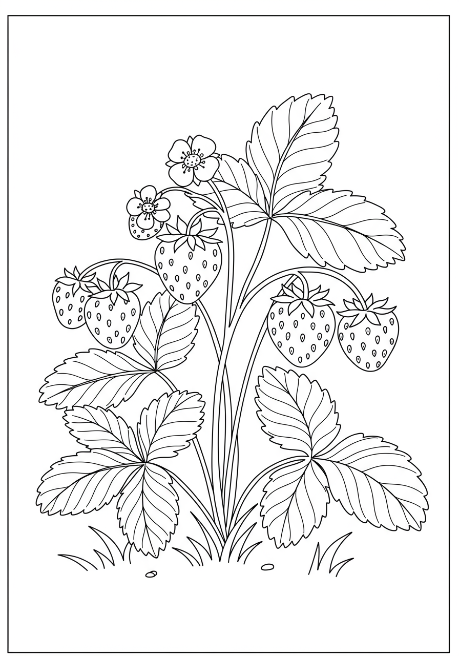 Free printable coloring page featuring a strawberry plant with ripe red berries and green leaves, perfect for kids to color and learn about nature.