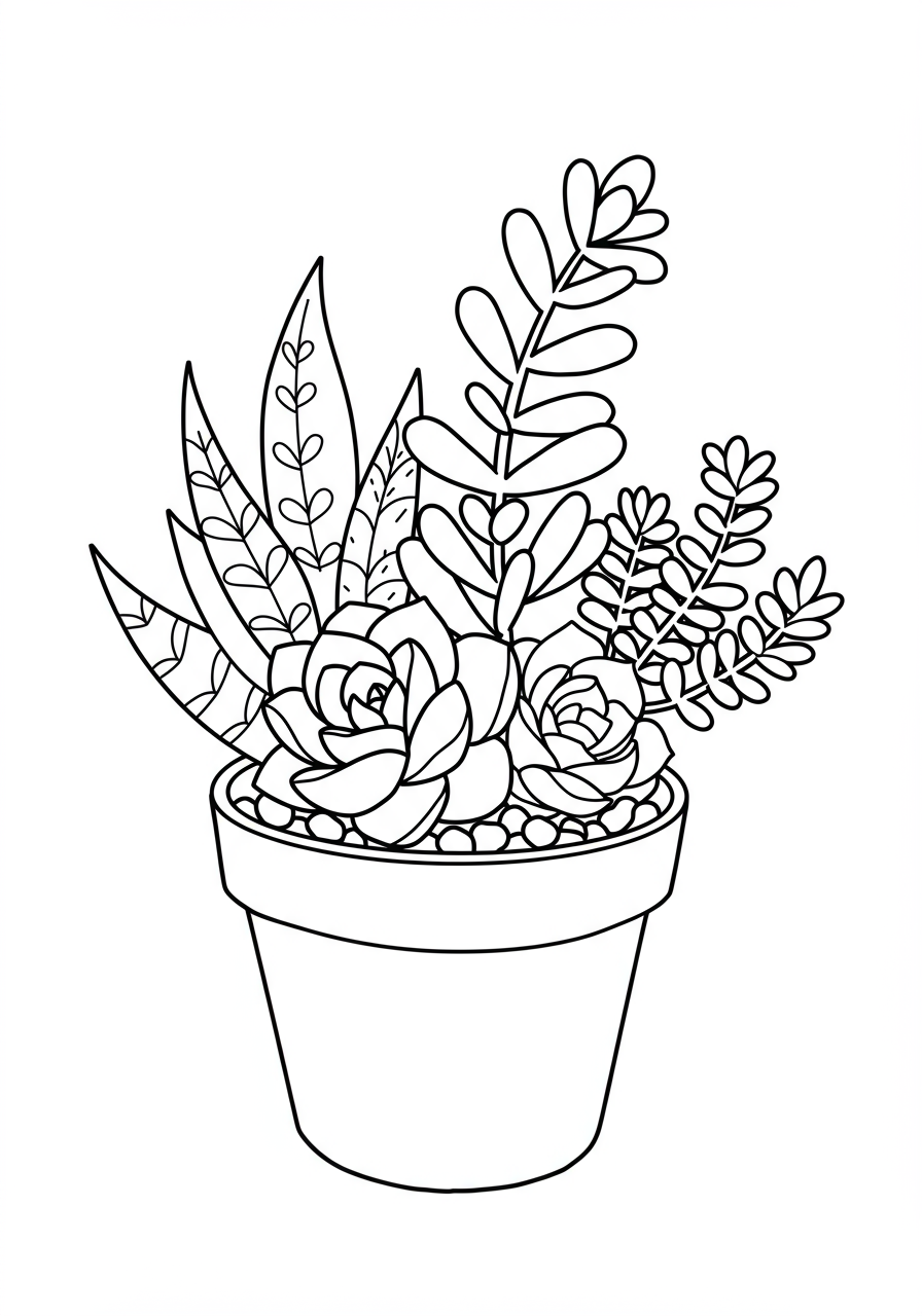 Free printable coloring page showing a simple and cute succulent garden arrangement in a decorative pot, perfect for kids to color with various greens and earthy tones.