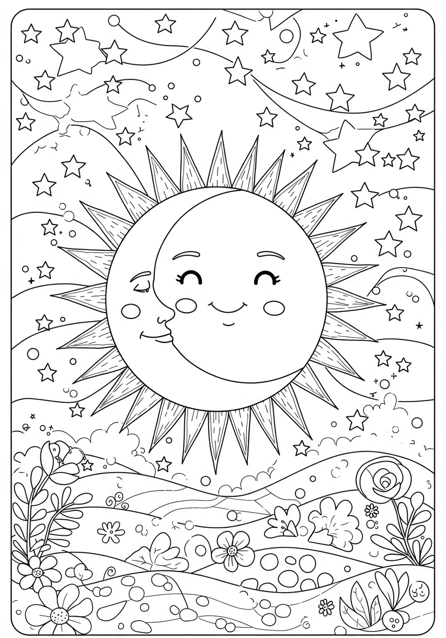 A charming free printable sun and moon coloring page featuring a smiling bright yellow sun with rays next to a peaceful crescent moon surrounded by twinkling stars on a night sky background, ideal for young children.