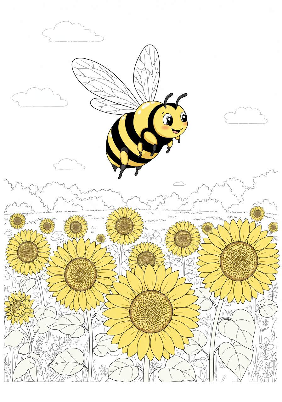 Free printable coloring page featuring a cheerful bumblebee flying among bright yellow sunflowers in a field, perfect for kids.
