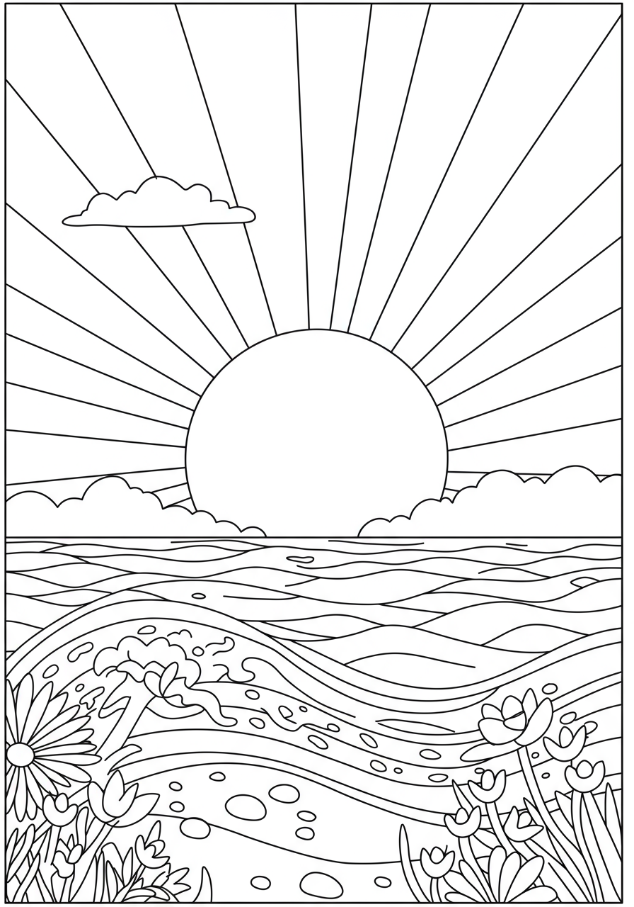 Illustration of a free printable Sunrise Over Ocean coloring page, showing a large sun rising above calm ocean waves and a clear horizon.