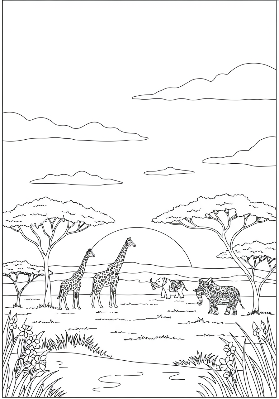 Free printable coloring page featuring a beautiful sunset over the savanna with silhouetted acacia trees and wild animals for kids to color.