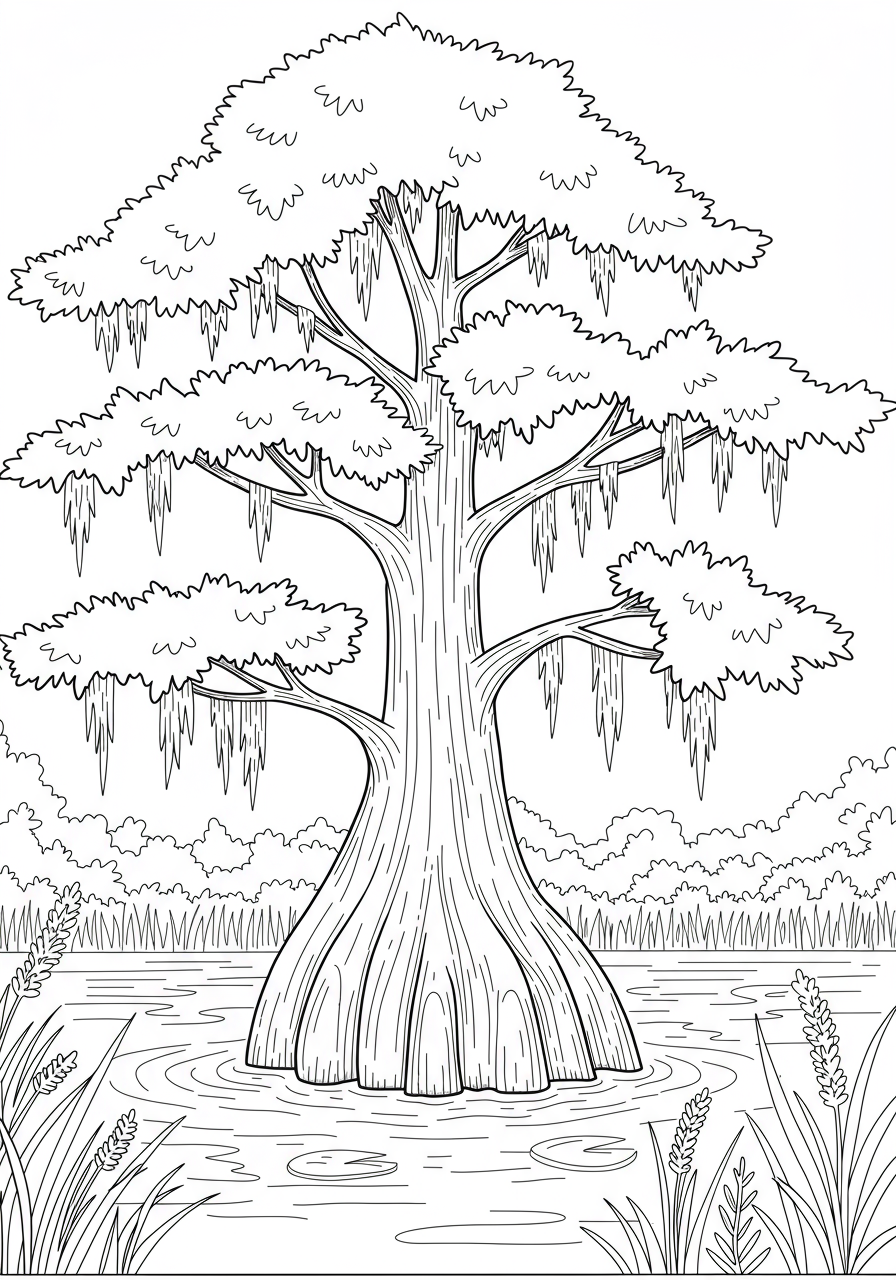 Free printable swamp cypress trees coloring page for kids, featuring an easy outline of a cypress tree with its unique 'knees' in a swamp setting.