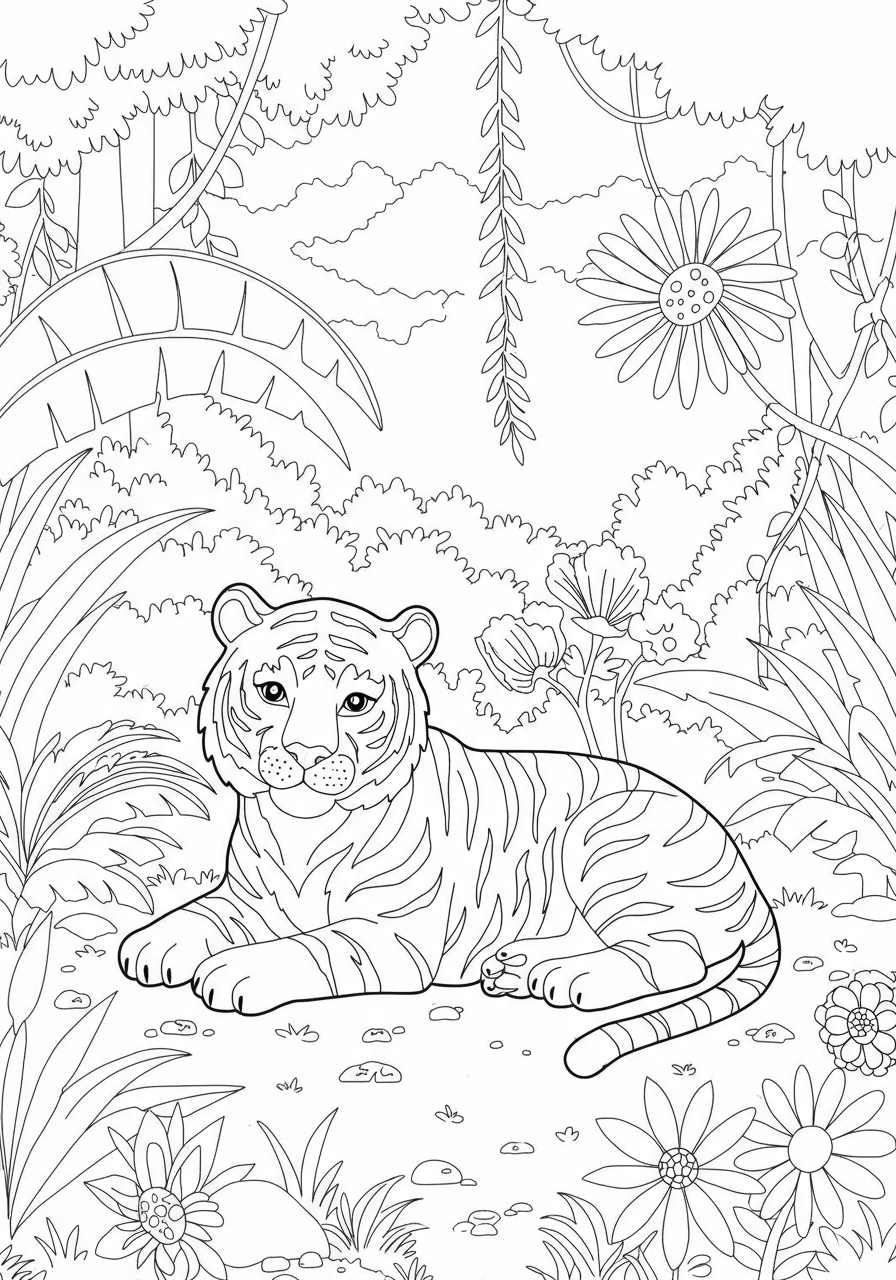 A free printable coloring page showing a friendly tiger resting peacefully in a lush jungle setting, suitable for young children.