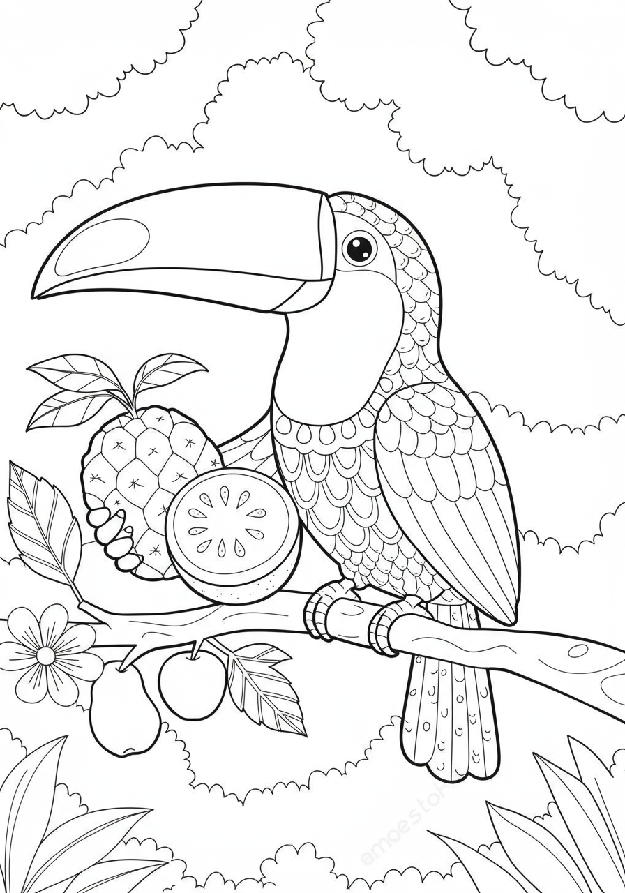 A free printable coloring page depicting a friendly toucan perched on a branch, holding a variety of colorful tropical fruits, designed for easy coloring by children.
