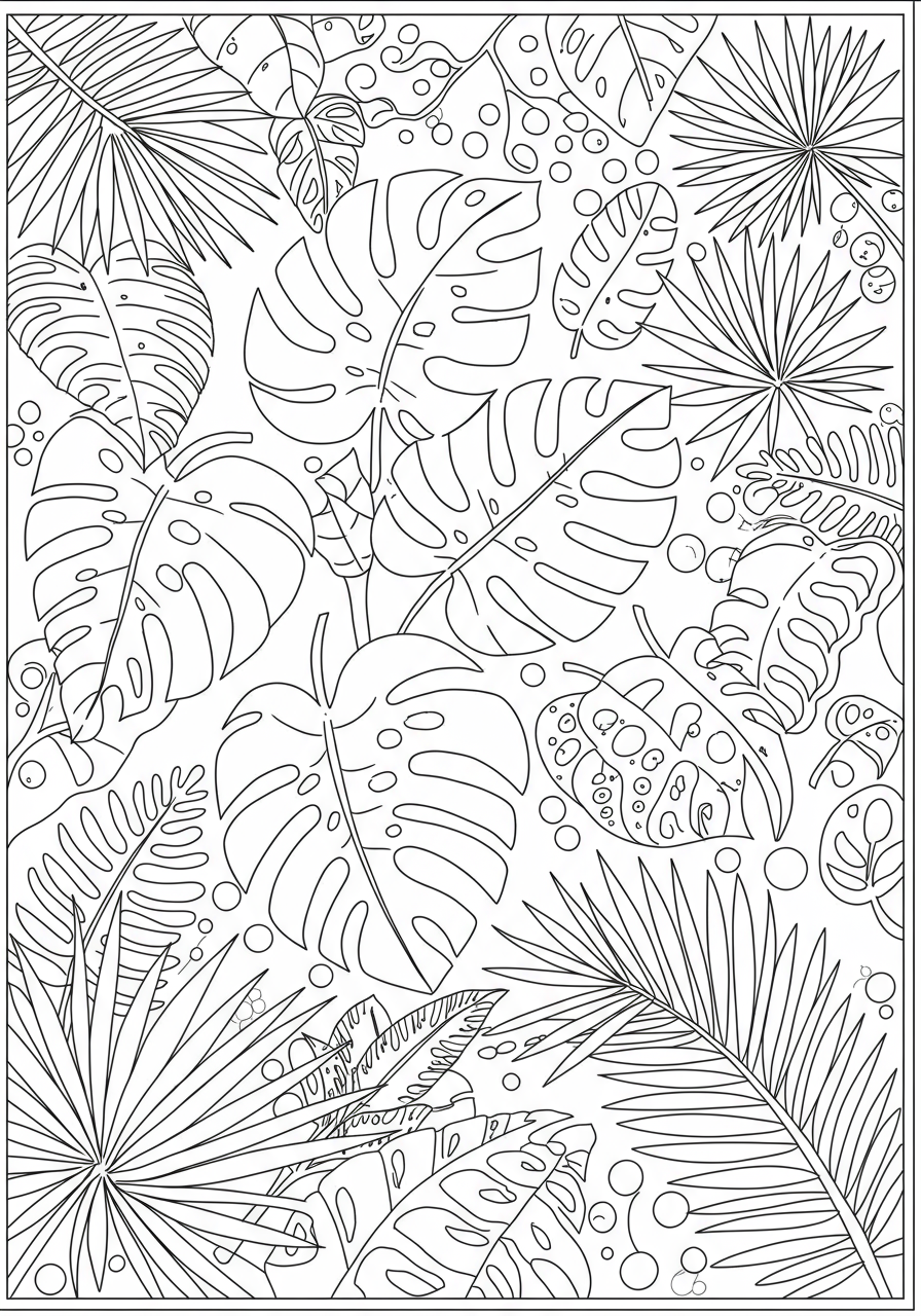A free printable coloring page featuring an easy-to-color pattern of various tropical leaves like monstera, palm, and fern, perfect for kids.