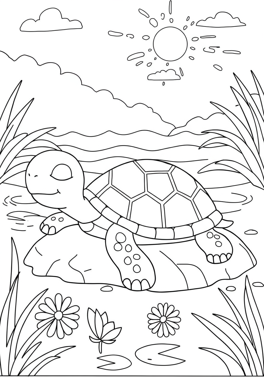 Free printable coloring page depicting a peaceful turtle sunbathing on a rock, with water and sun in the background. Easy nature scene for kids.