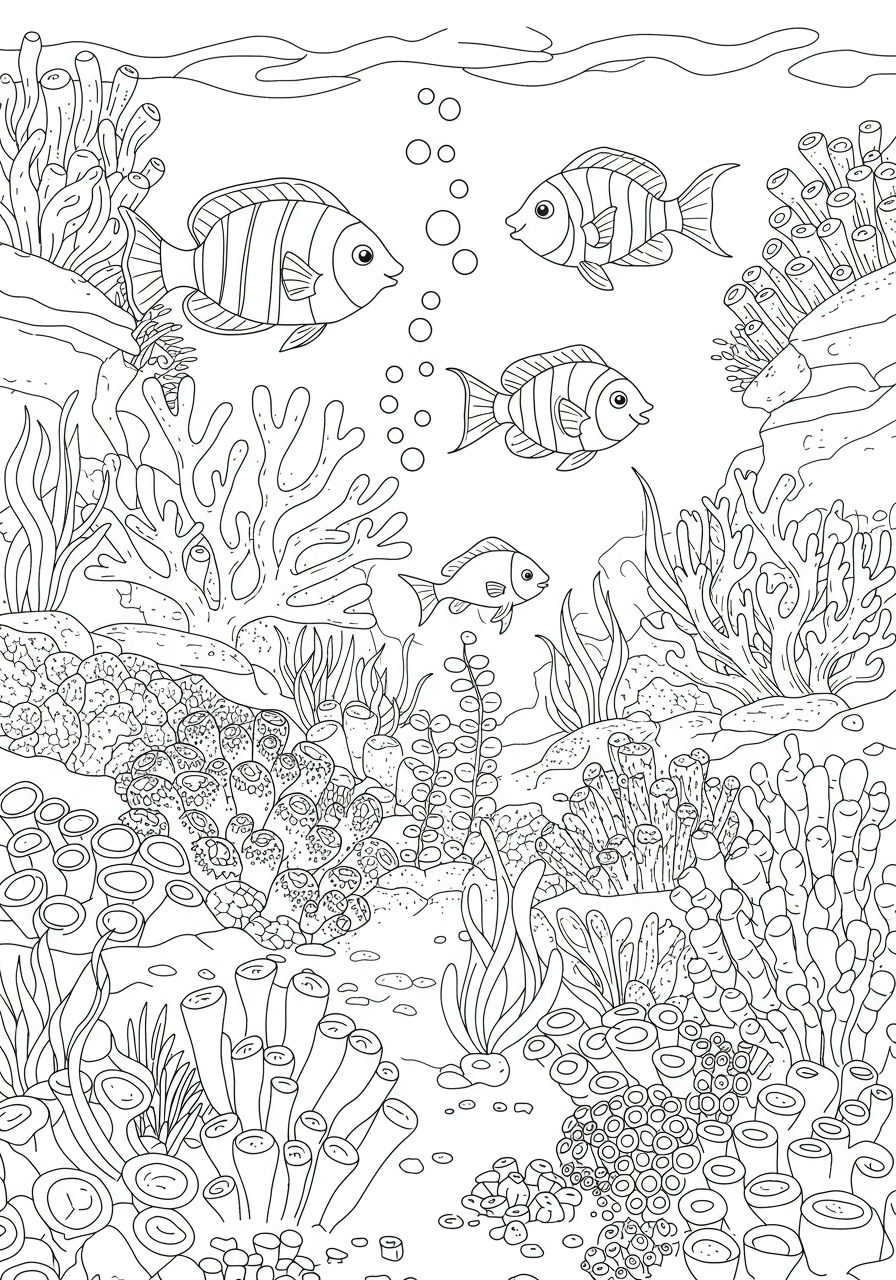Free printable underwater coral reef coloring page for kids, featuring various corals, colorful tropical fish, and marine plants in an easy-to-color style.